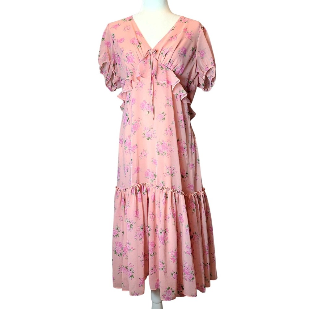 LoveShackFancy Target Pink Floral Ruffle Tiered Midi Dress Sz 10 Puff Sleeve